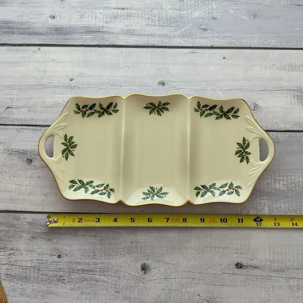 Lenox Holiday Dimension Christmas Relish Tray Divided Rectangular Holly Berries